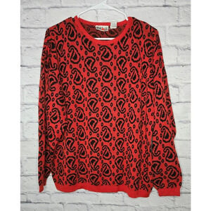 Vintage EVE LTD red paisley print knit retro pullover sweater size 44 XL.